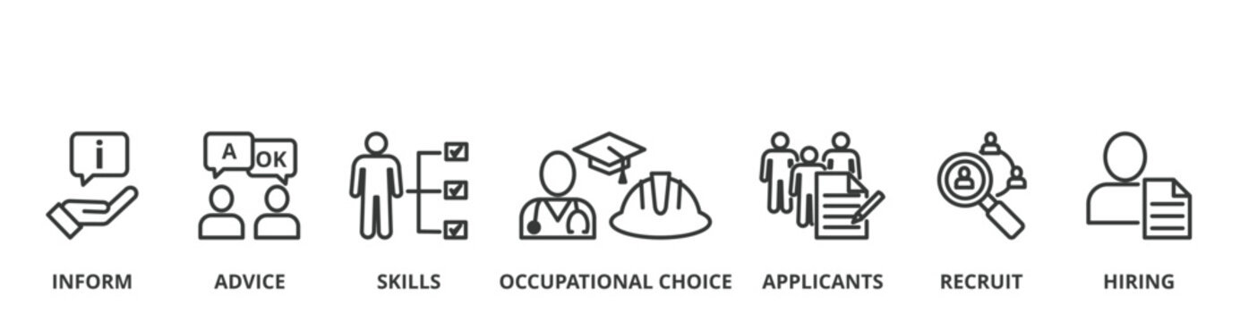 Job fair banner vector illustration concept with icon of the inform, advice, skills, occupational choice, applicants, recruit and hiring