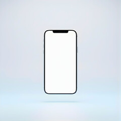 Modern smartphone mockup with a blank white screen floating in a clean, minimalist studio environment, coloured light blue and white, ideal for product displays and interface design presentations.