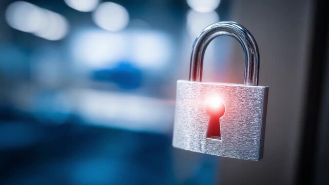 Secure Access: A close-up shot of a shiny, metallic padlock, symbolizing data protection and security, against the blurred backdrop of a high-tech interior, evoking a sense of trust and safety.