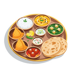 Traditional Indian Thali Illustration with Rice, Curry, Samosa, Flatbread, and Dessert