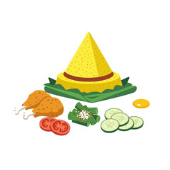 Traditional Indonesian Tumpeng Illustration with Yellow Rice and Assorted Side Dishes on Banana Leaf