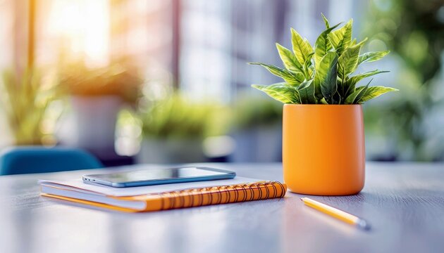 A modern desk setup featuring a vibrant orange potted plant, a spiral notebook, a smartphone, and a pencil, bathed in soft, natural light.