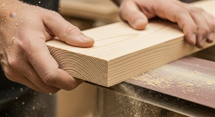 Detail of a carpenter smoothing wood using a belt sander in a woodworking workshop