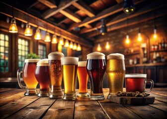 Indulge in a carefully curated selection of craft beers at your local pub, surrounded by warm atmosphere and rich wood tones