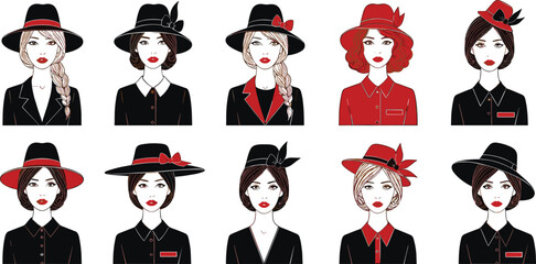 Fashionable women wearing stylish hats and elegant outfits, modern illustrated female portraits in red and black aesthetic vector design