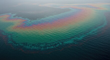 Obraz premium Aerial View of Oil Spill Rainbow Sheen on Ocean Surface
