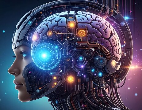 Cybernetic woman with glowing brain integrated with technology - Powered by Adobe