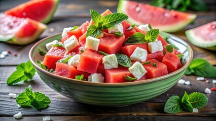 A sweet and refreshing summer salad of juicy watermelon, crumbled feta cheese, and fragrant fresh mint