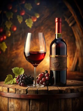 A rich, fullbodied red wine from a renowned vineyard sits proudly on a rustic wooden table