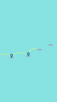 Dynamic yellow path with location pin moving along circular targets highlighting the complete route mobile video Yellow Navigation Path with Location Pin and Circular Targets on Teal Background.