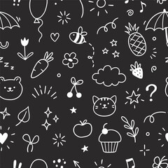 Line cute kid icon pattern. Hand drawn cute children style animal face, flower, star on chalkboard background. Doodle sketch heart, star, cloud baby cartoon seamless pattern. Vector illustration