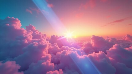 Pink clouds at sunrise with sunbeam dawn