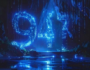 Illuminated numbers hover above a reflecting pool in a digital cave