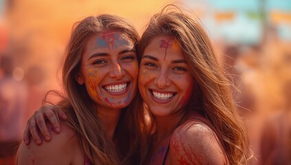 Fototapeta premium Portrait of two girls at the color run festival with joy. Best friend forever. Generative AI Illustration