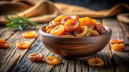 Delicate dried apricots in a rustic bowl atop a reclaimed wooden background, infused with warm autumnal hues and inviting natural textures