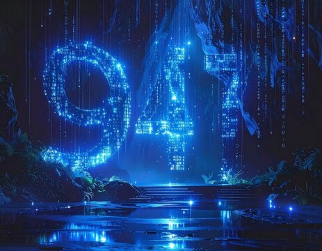 Illuminated numbers hover above a reflecting pool in a digital cave - Powered by Adobe