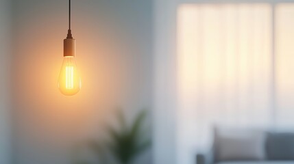 Soft warm bulb in a minimalist lamp, diffusing a cozy light in a quiet reading corner.