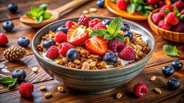 A nutritious and colorful breakfast bowl filled with crunchy granola, plump nuts, and a medley of juicy berries, perfect for a healthy start to the d