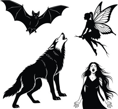 Minimalist solid black silhouettes of vampire bat, werewolf, dark fairy, and banshee for vector use