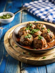 A tender and juicy meatball feast in a rich and savory sauce, garnished with fresh parsley and served on a rustic wooden plate