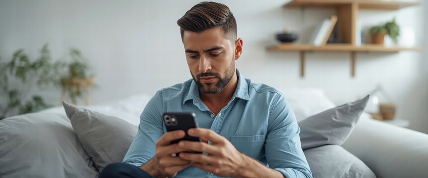Man at home uses his phone to connect with friends. A peaceful moment captured, perfect for illustrating modern communication, relaxation, and digital lifestyle concepts.
