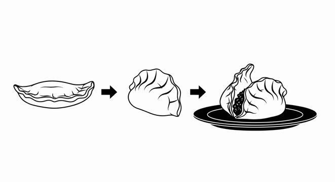 Vector illustration&nbsp;of black and white illustration showing the stepbystep process of making a dumpling isolated on a white background