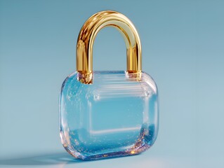 A stylized clear glass padlock with a golden handle reflects light on a simple blue background surface.