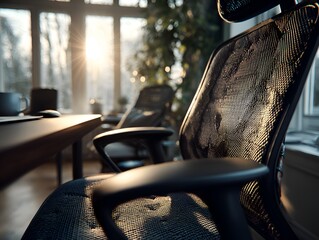 Ergonomic office chair is positioned thoughtfully next to the modern desk with beautiful sunlight streaming in.