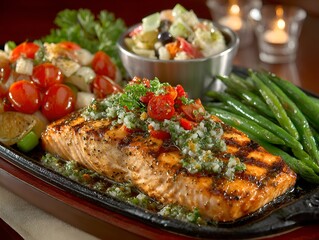 Delicious grilled salmon fillet is served with green beans and fresh vegetable salad on a rustic platter.