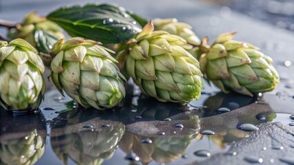 Fototapeta premium Early morning dew glistens on a bed of fresh hops, revealing their delicate botanical details