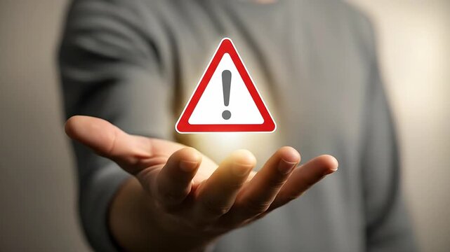 A hand holding a triangular warning sign, showcased in 4k resolution, presented with soft, glowing light against a blurred background, conveying a cautious and