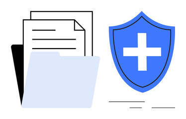Obraz premium Open folder with stacked papers alongside a blue shield with a cross. Ideal for privacy, cybersecurity, medical records, compliance, safe storage, trust, and security themes. Simple flat metaphor