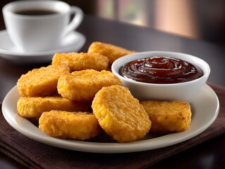 Golden chicken nuggets are served on a plate with barbecue sauce accompanied by a cup of hot coffee.