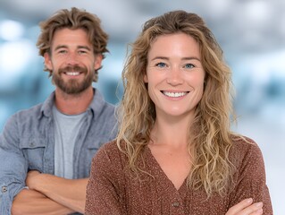 A smiling blond woman and a bearded man pose with arms crossed against a blurred office backdrop today.