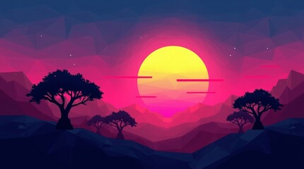 Obraz premium Vibrant sunset over polygonal landscape with silhouetted trees