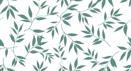 Naklejka premium seamless botanical pattern with delicate green leaves on white background ideal for natural organic design aesthetics.