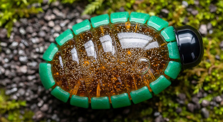 Glass Insect Sculpture with Bubbles Surrounded by Moss and Pebbles Close Up View