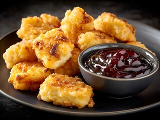 Appetizing fried halloumi cheese cubes served with sweet sauce on a dark plate for a tasty appetizer snack.