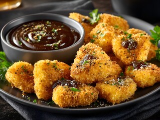 Delicious crispy fried tofu nuggets served with a savory dark dipping sauce and parsley garnish plate.