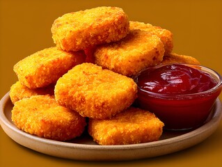 Golden crispy chicken nuggets are stacked on a plate with a side of delicious red tomato ketchup sauce.