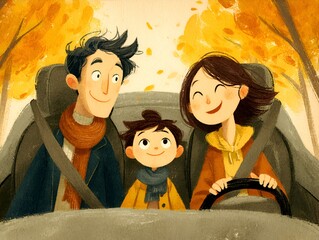 A happy cartoon family takes an autumn road trip together with colorful trees on either side of the road.