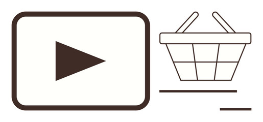 Play button inside a rectangle near a shopping basket outline. Ideal for e-commerce, online shopping, digital marketing, advertising, video content, consumer behavior, simple flat metaphor