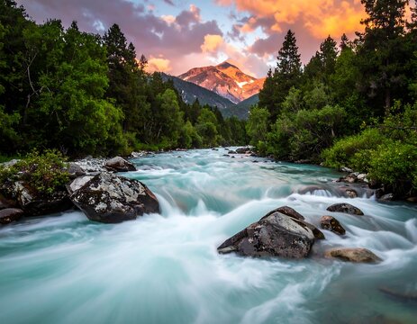 Flowing turquoise river with lush forest and majestic mountain backdrop - Powered by Adobe