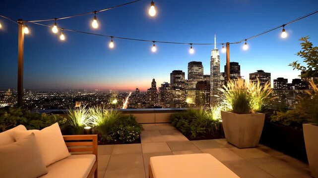 Inviting rooftop terrace at dusk with string lights illuminating outdoor furniture, offering a stunning city skyline view.