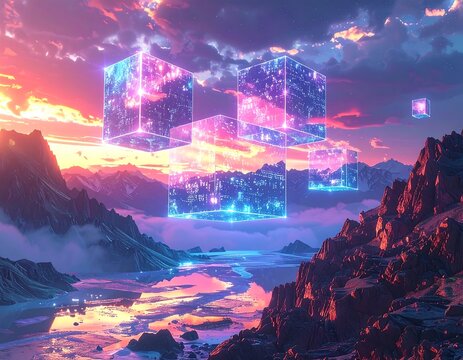 Futuristic floating glowing cubes above mountain range, with vibrant sunset