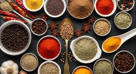 Assortment of Colorful Spices and Herbs on Black Background ingredient food cooking seasoning aromatic flavor culinary chili pepper