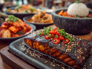 Delicious grilled salmon steak is presented with vibrant Korean side dishes in an upscale restaurant setting.