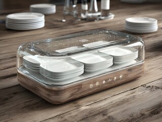 Modern plate sterilizer efficiently sanitizes stacked plates in a clear container on a wooden kitchen counter.