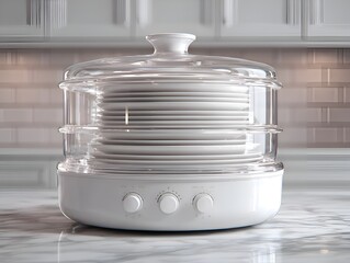 A white food steamer with glass lid and plates inside sits on a marble countertop in a bright kitchen.