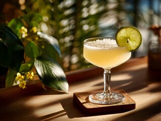 Refreshing yellow cocktail garnished with lime slice sits on wood coaster in sunlight near green plants.